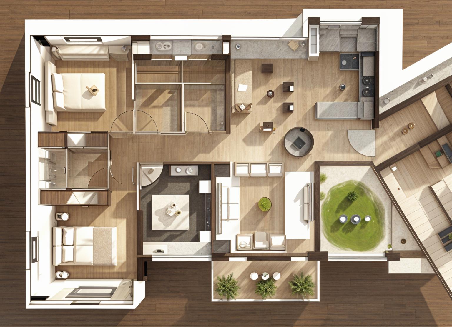 Top down floor plan of a modern apartment with furniture layout