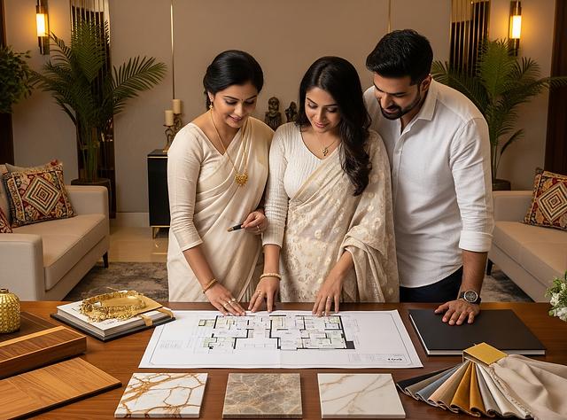 Homeowners reviewing blueprints and material samples with a designer