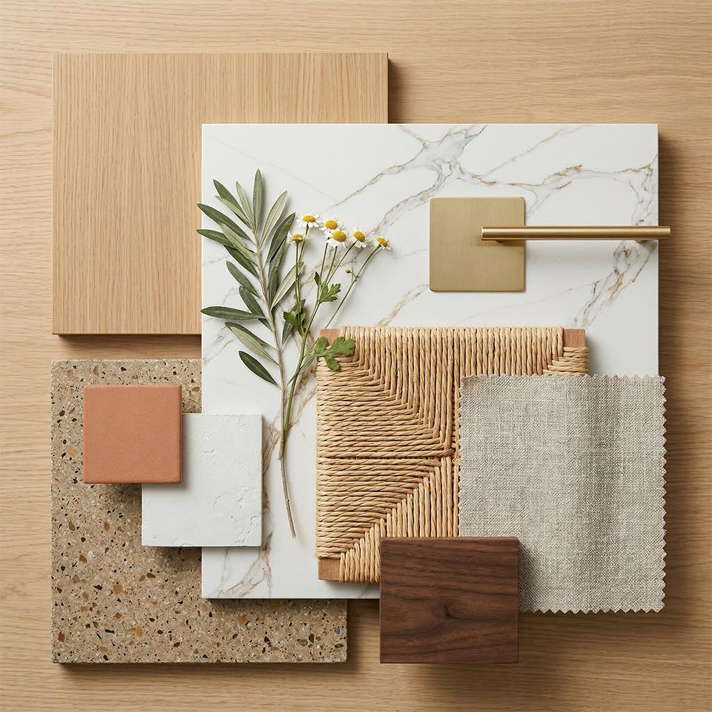 Material mood board with wood, marble, terrazzo and fabric samples