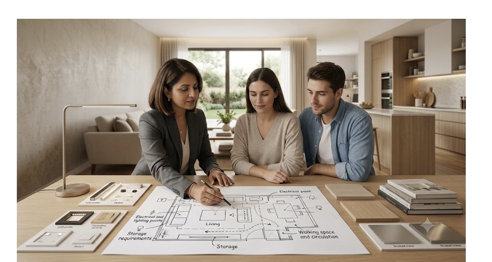 Divya reviewing a hand-drawn floor plan with a couple.