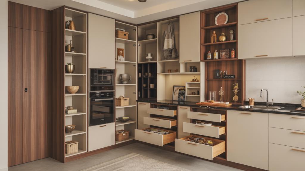 Modular kitchen with light cabinetry and wood accents
