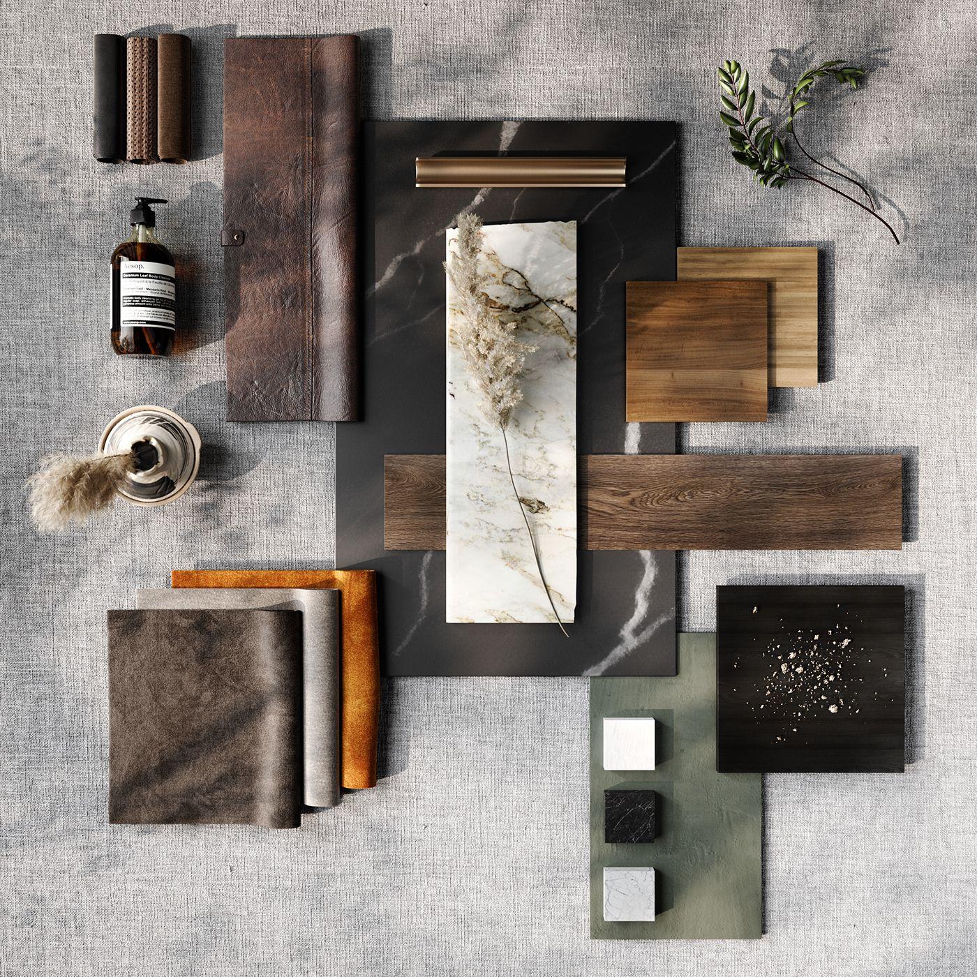 Flat lay of wood, marble, leather and fabric material samples