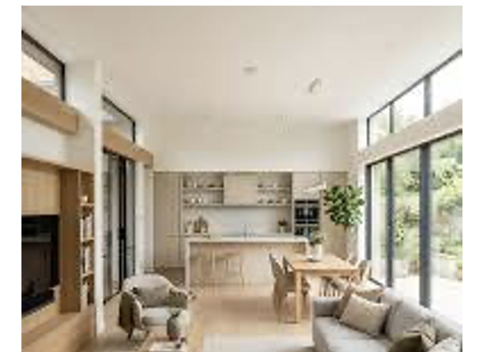 A modern, open-concept living and dining area with light wood cabinetry and large windows.